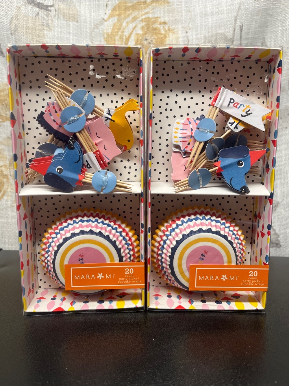 2 Party Cake Topper & Cupcake Wrap Sets-Dog, Cat, Bird, Cake and Flag